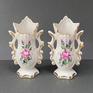 2 Vintage Weisley Hand Painted Small Pink Roses Bud Vases from the 1930s